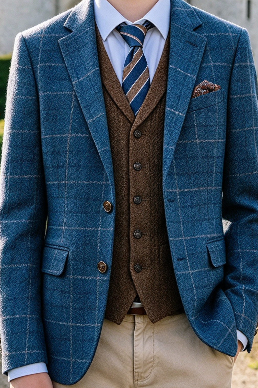 Blue Plaid Blazer + Brown Herringbone Vest + Beige Pants 3-Piece Set