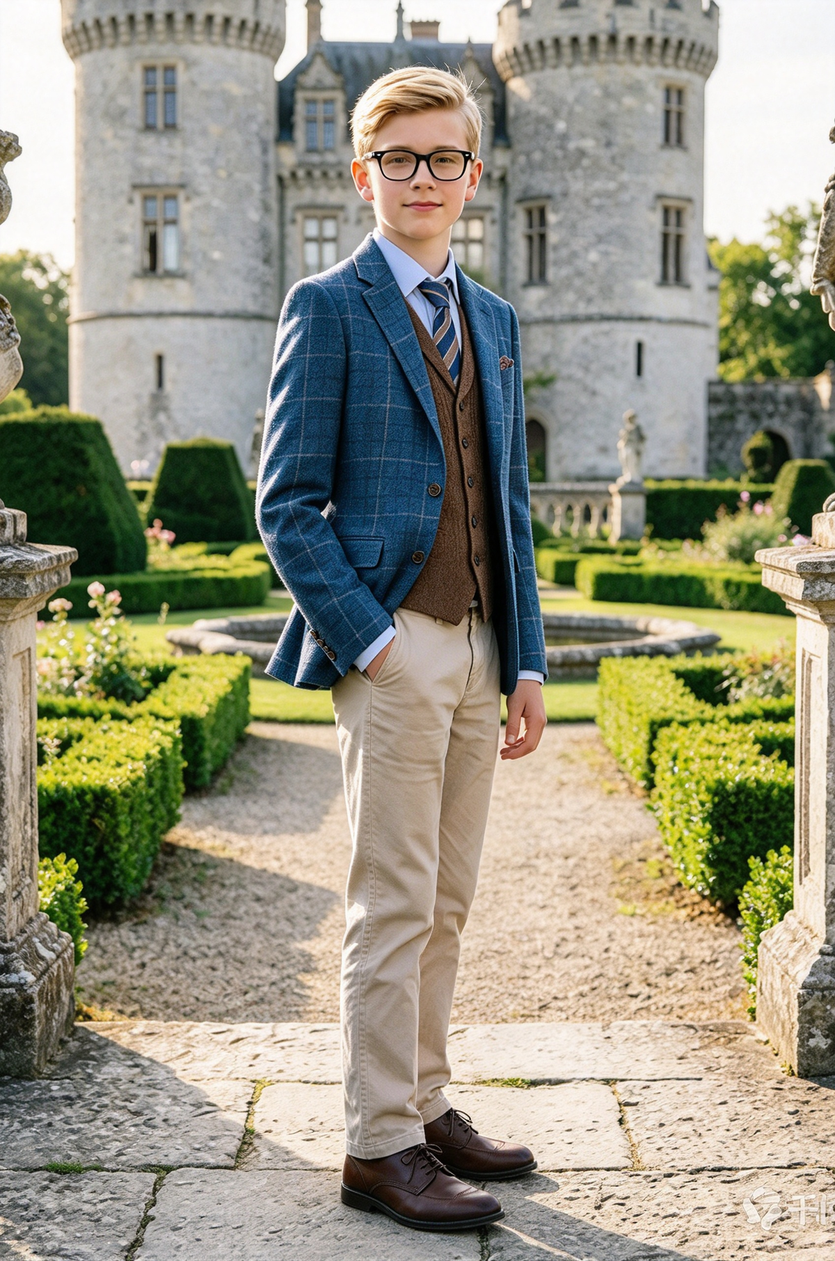 Blue Plaid Blazer + Brown Herringbone Vest + Beige Pants 3-Piece Set