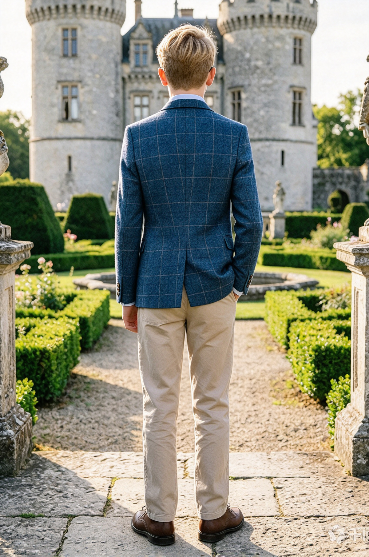 Blue Plaid Blazer + Brown Herringbone Vest + Beige Pants 3-Piece Set