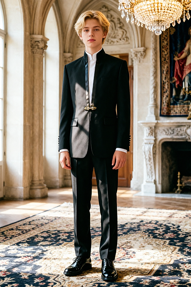 Black Mandarin Collar Gold Frog Button Formal Suit 2-Piece Set
