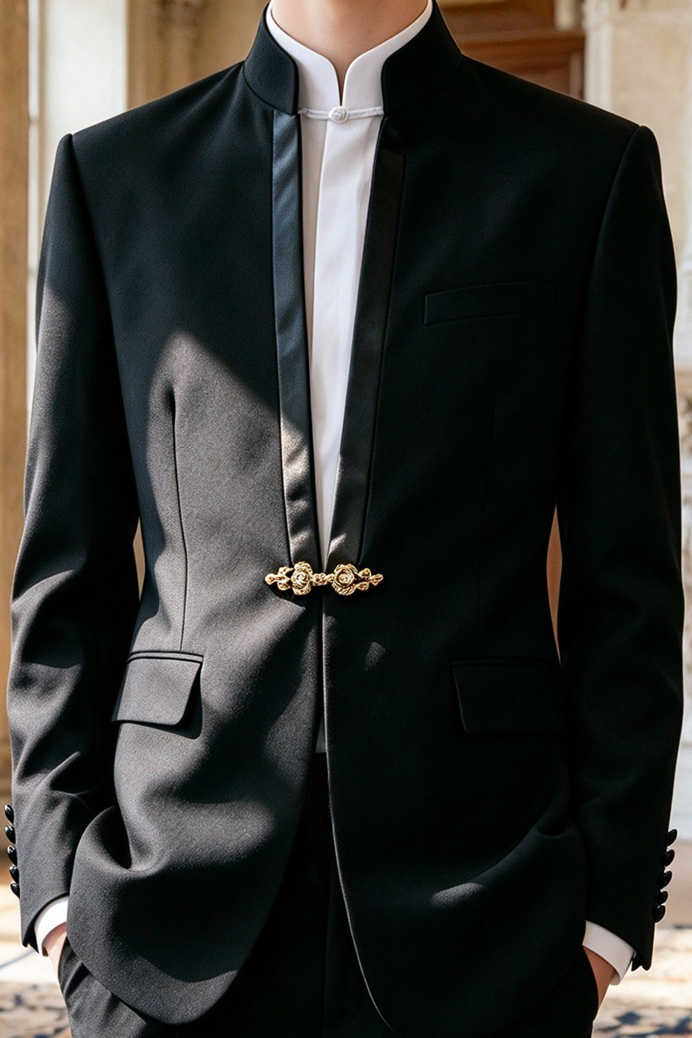 Black Mandarin Collar Gold Frog Button Formal Suit 2-Piece Set