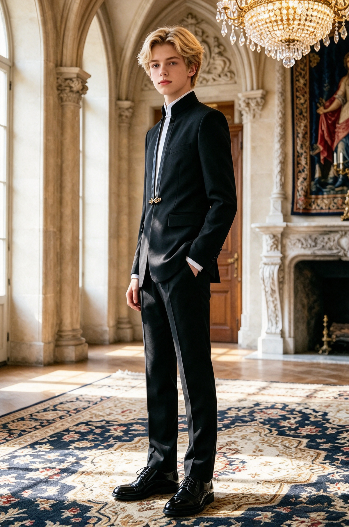 Black Mandarin Collar Gold Frog Button Formal Suit 2-Piece Set
