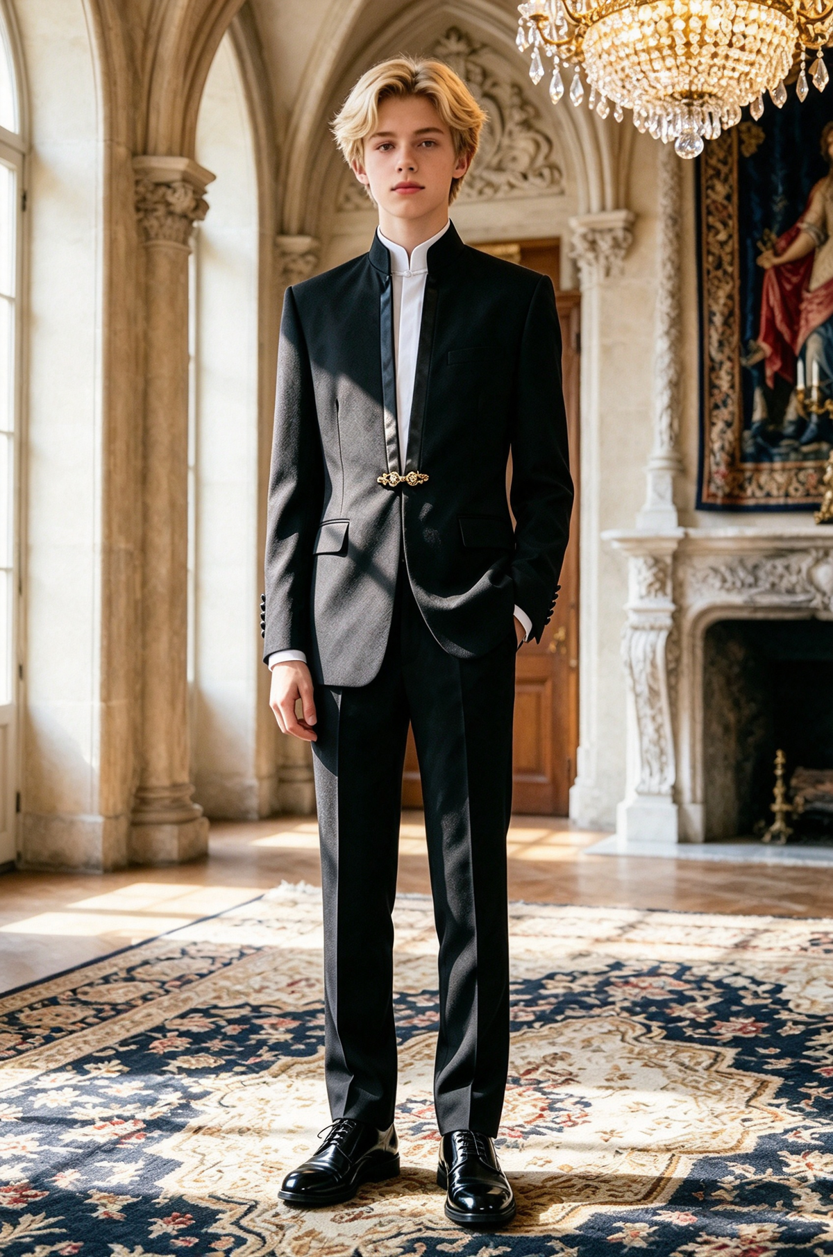 Black Mandarin Collar Gold Frog Button Formal Suit 2-Piece Set