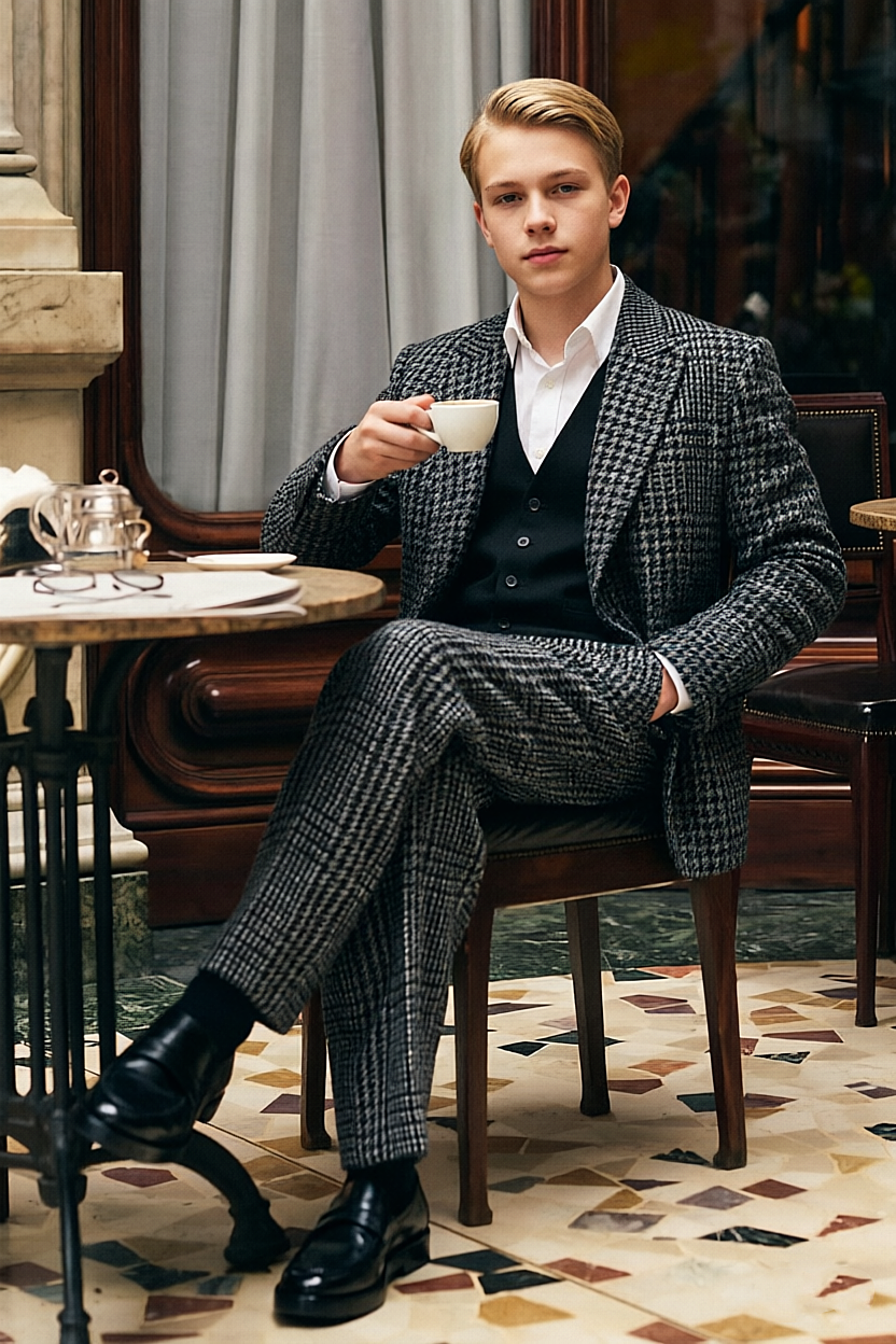 Black & Grey Houndstooth Thick Single Breasted Suit 2-Piece Set