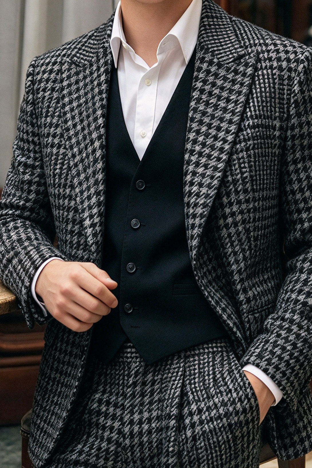 Black & Grey Houndstooth Thick Single Breasted Suit 2-Piece Set