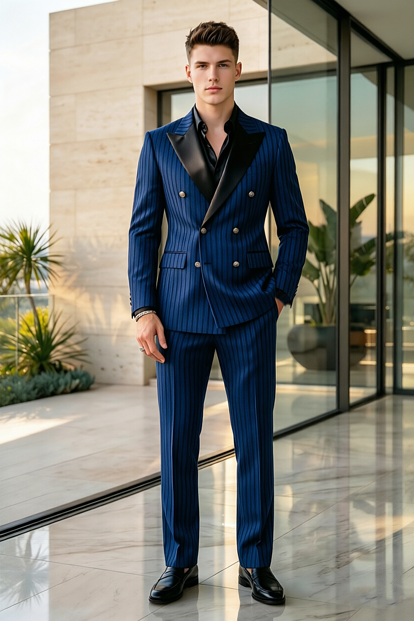 Deep Royal Blue Striped Double Breasted 2-Piece Suit