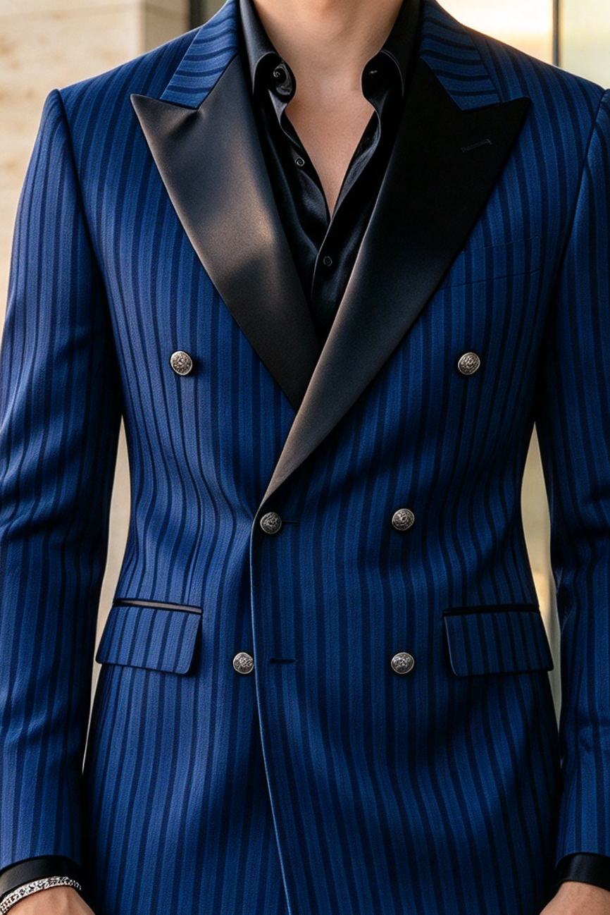 Deep Royal Blue Striped Double Breasted 2-Piece Suit