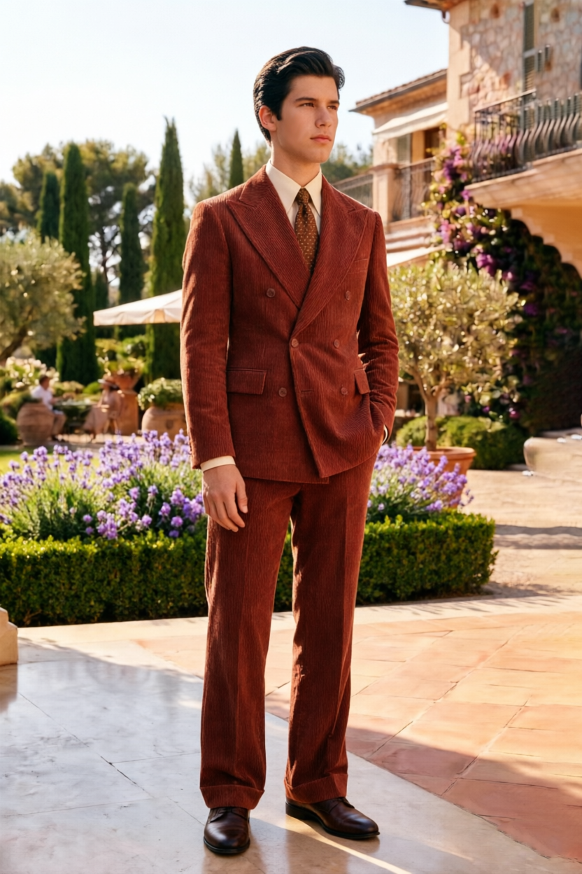 Brick Red Corduroy Double Breasted 2-Piece Suit