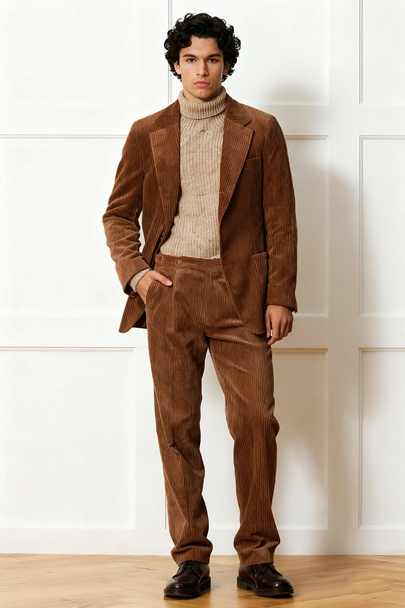 Brown Corduroy Single Breasted 2-Piece Suit