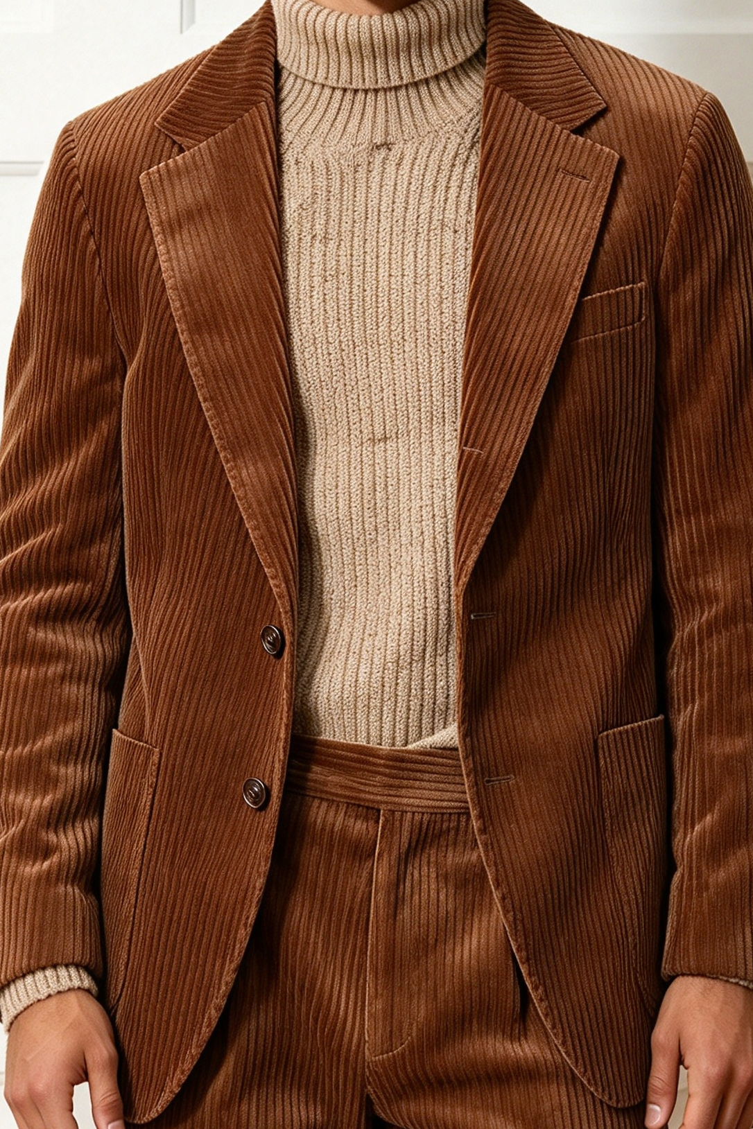 Brown Corduroy Single Breasted 2-Piece Suit