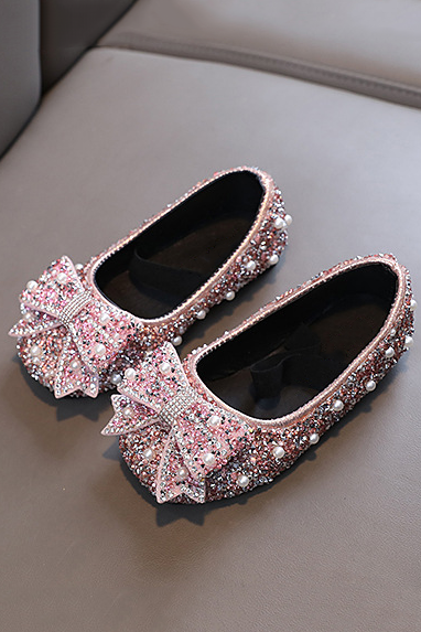 Pink Rhinestone Pearl Bow Princess Flat Dress Shoes