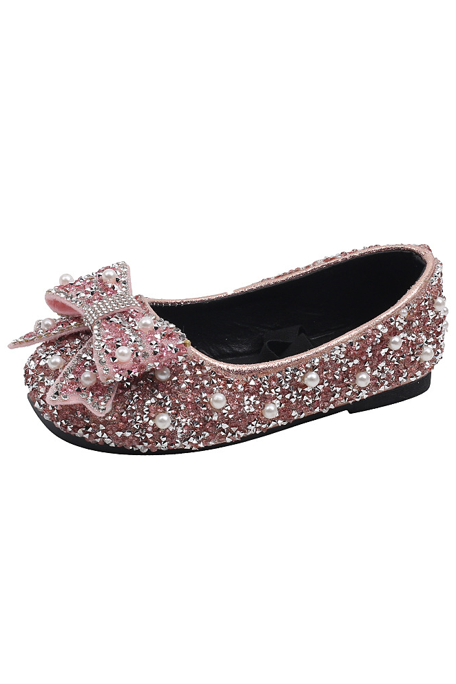 Pink Rhinestone Pearl Bow Princess Flat Dress Shoes
