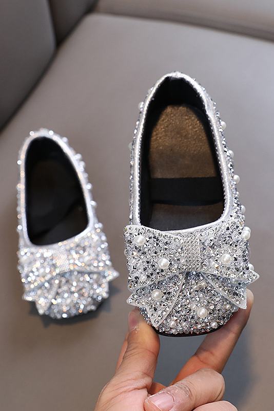 Pink Rhinestone Pearl Bow Princess Flat Dress Shoes