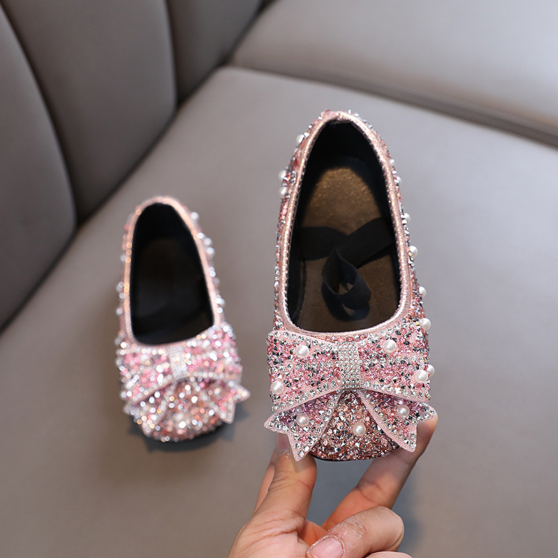 Pink Rhinestone Pearl Bow Princess Flat Dress Shoes
