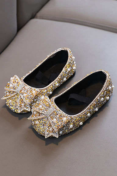 Pink Rhinestone Pearl Bow Princess Flat Dress Shoes