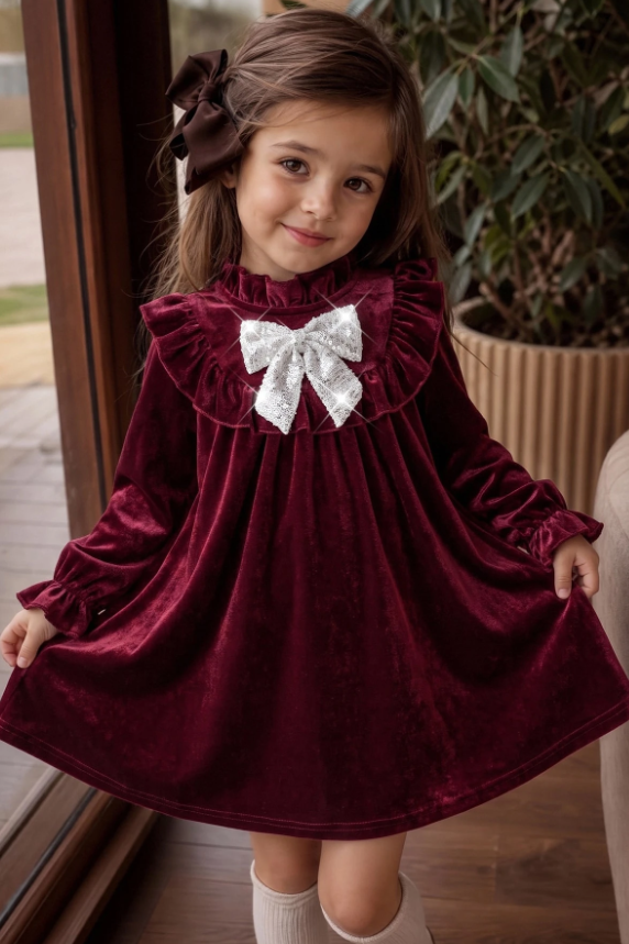 Burgundy Velvet Ruffle Long Sleeve Sparkly Bow Dress
