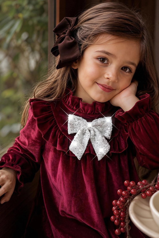Burgundy Velvet Ruffle Long Sleeve Sparkly Bow Dress