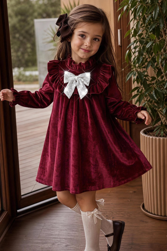 Burgundy Velvet Ruffle Long Sleeve Sparkly Bow Dress