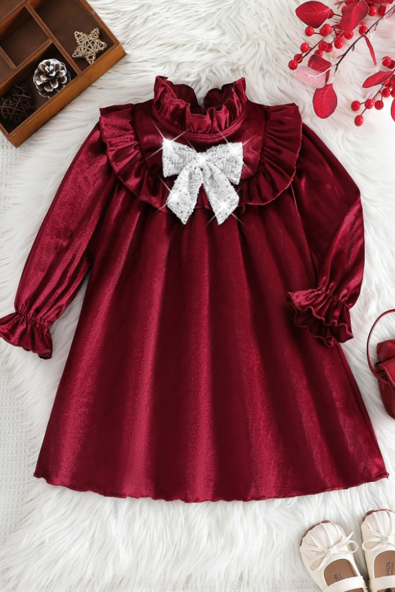 Burgundy Velvet Ruffle Long Sleeve Sparkly Bow Dress