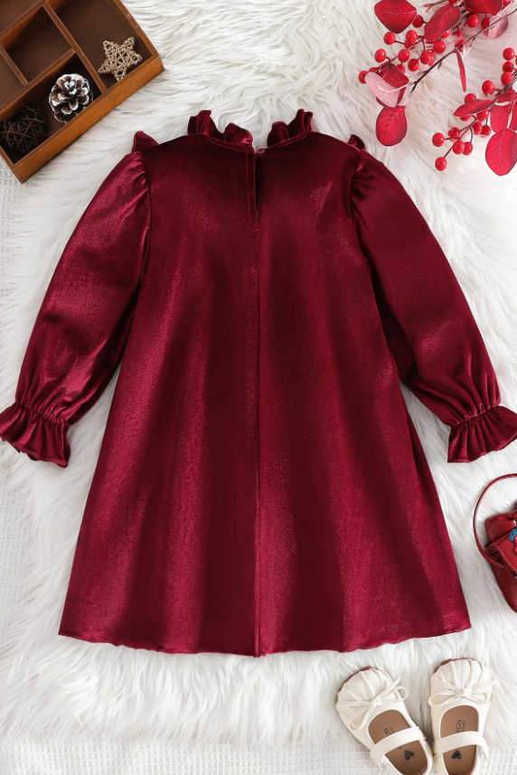 Burgundy Velvet Ruffle Long Sleeve Sparkly Bow Dress