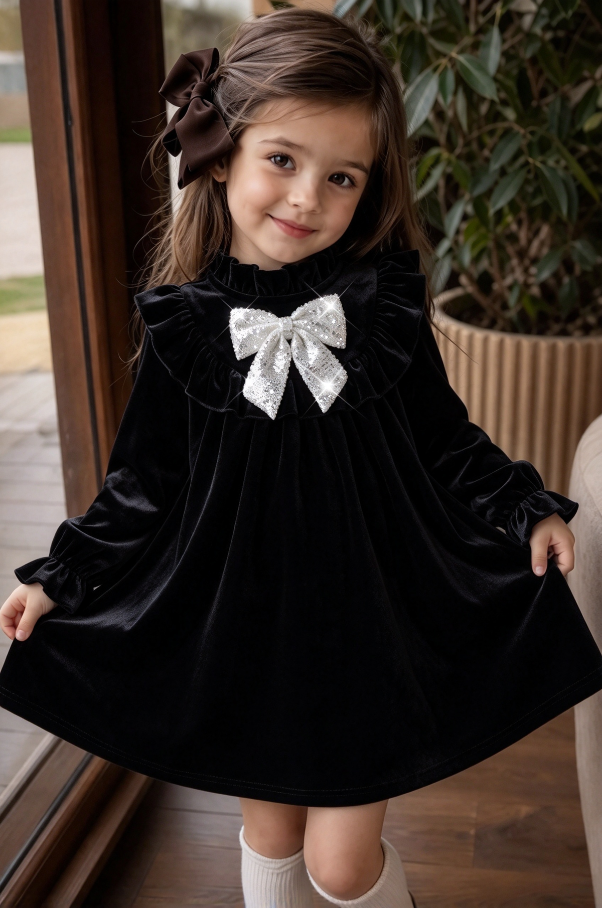 Burgundy Velvet Ruffle Long Sleeve Sparkly Bow Dress