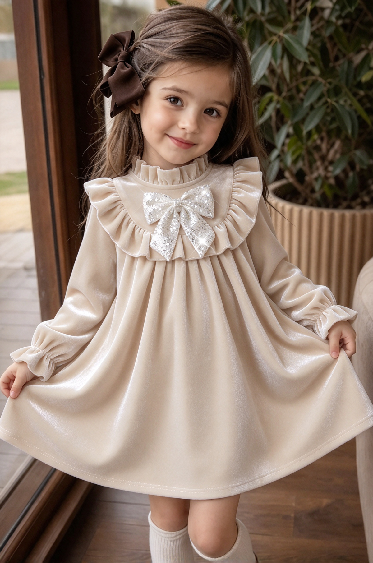 Burgundy Velvet Ruffle Long Sleeve Sparkly Bow Dress