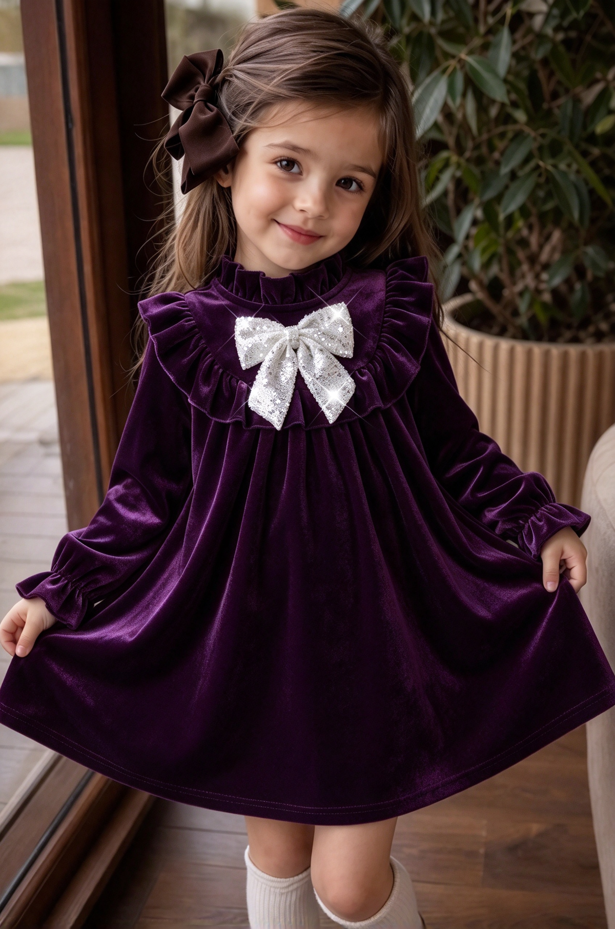 Burgundy Velvet Ruffle Long Sleeve Sparkly Bow Dress