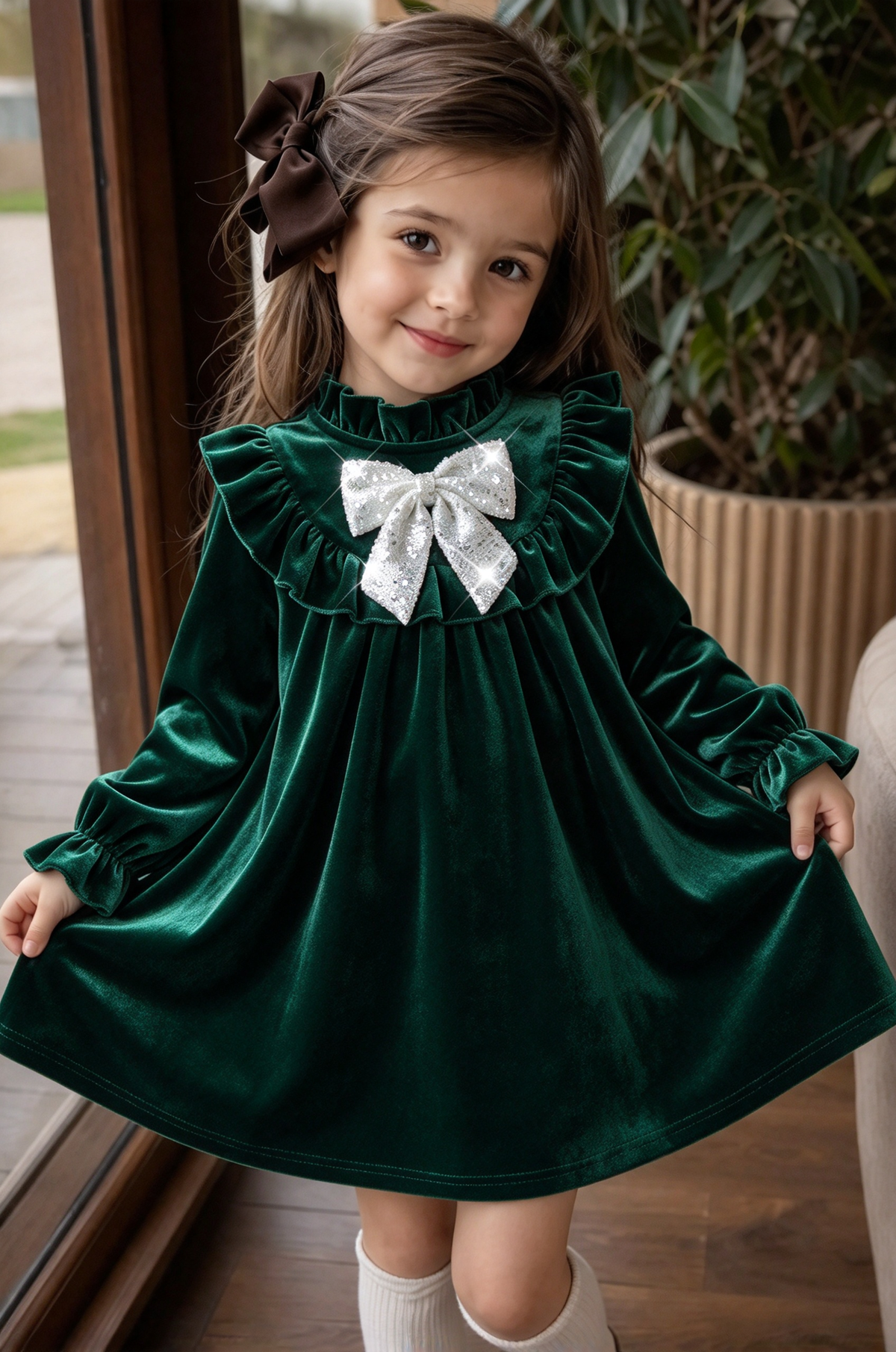 Burgundy Velvet Ruffle Long Sleeve Sparkly Bow Dress