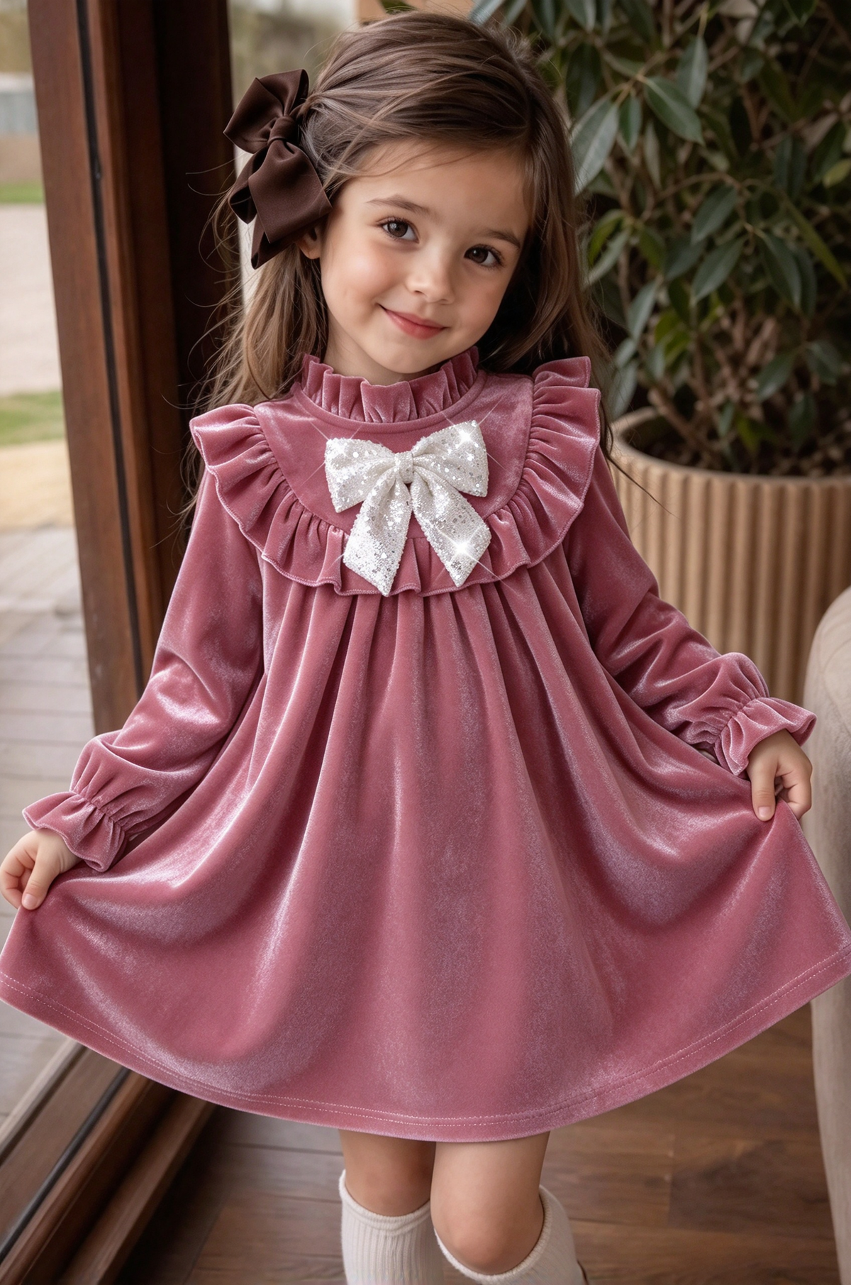 Burgundy Velvet Ruffle Long Sleeve Sparkly Bow Dress