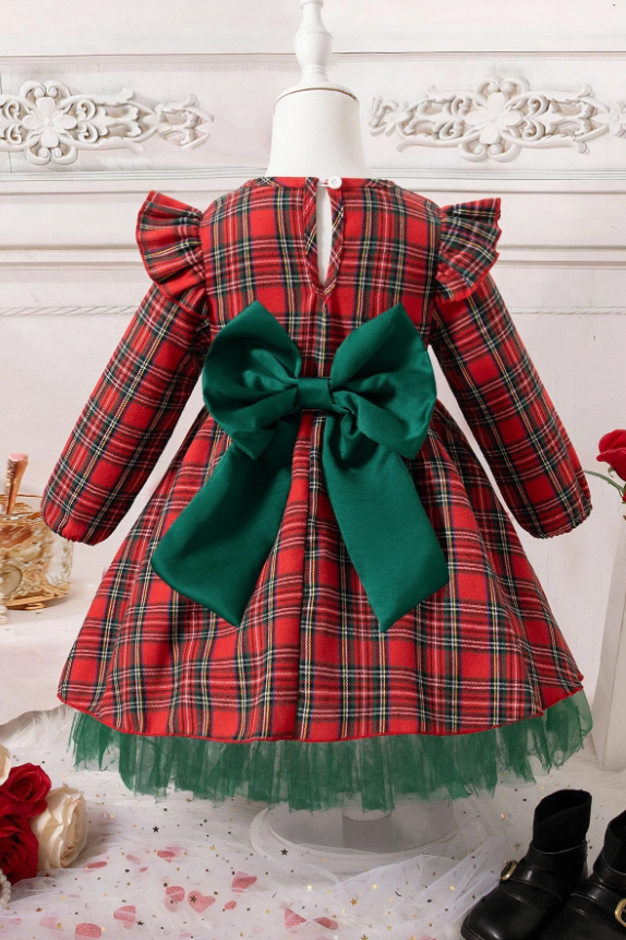 Red & Green Plaid Long Sleeve Bow Tulle Christmas Dress