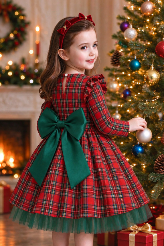 Red & Green Plaid Long Sleeve Bow Tulle Christmas Dress
