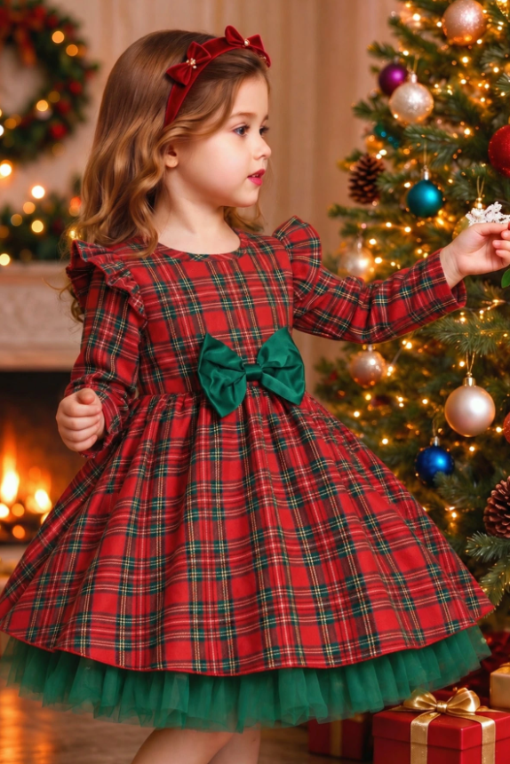 Red & Green Plaid Long Sleeve Bow Tulle Christmas Dress