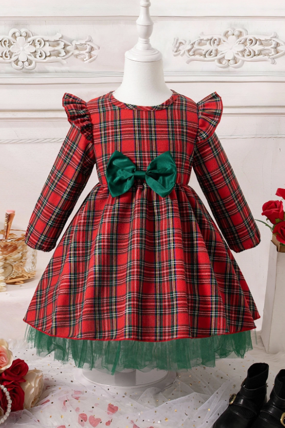 Red & Green Plaid Long Sleeve Bow Tulle Christmas Dress