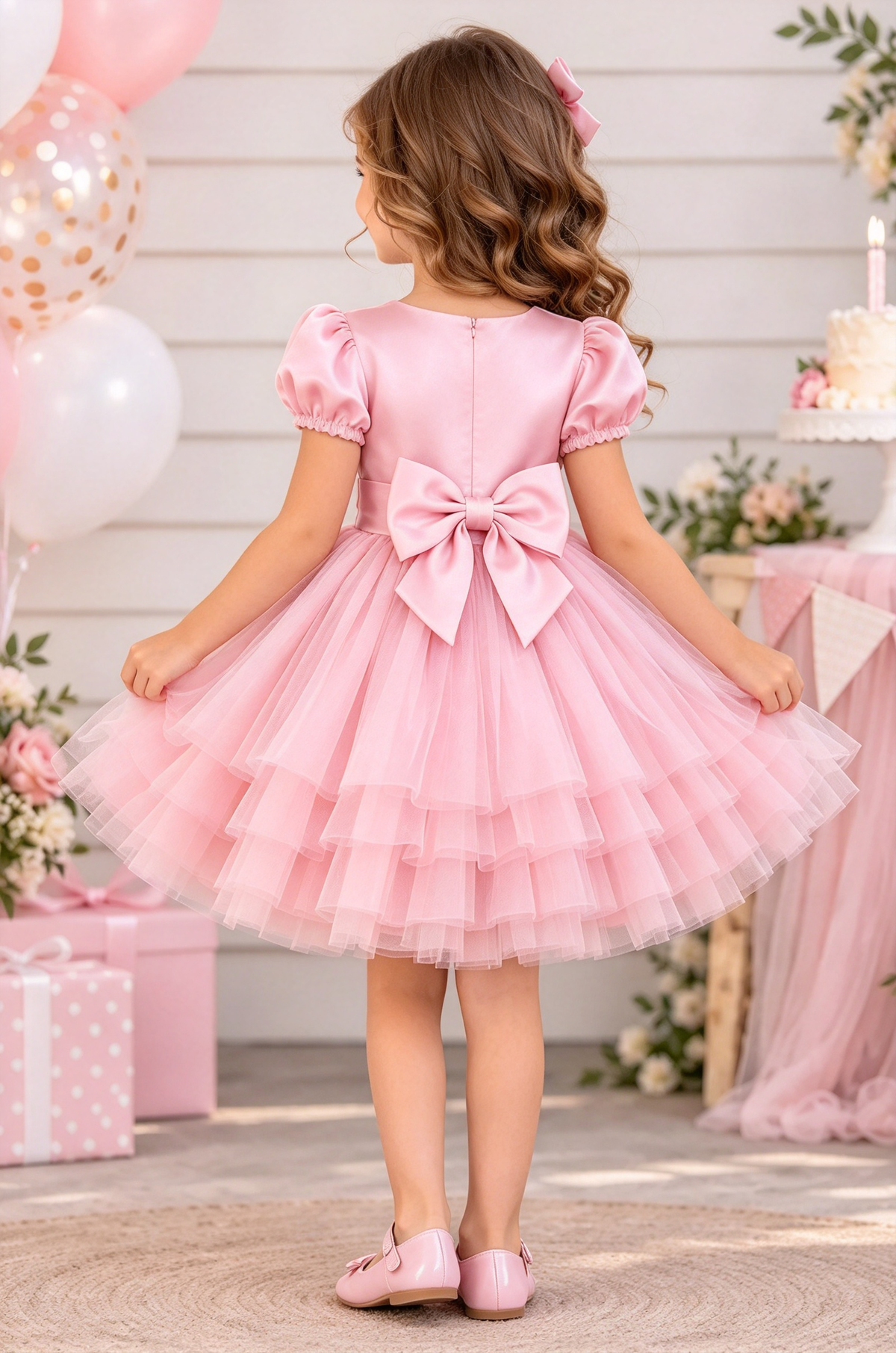 Pink Satin Puff Sleeve Tulle Big Bow Princess A-line Dress