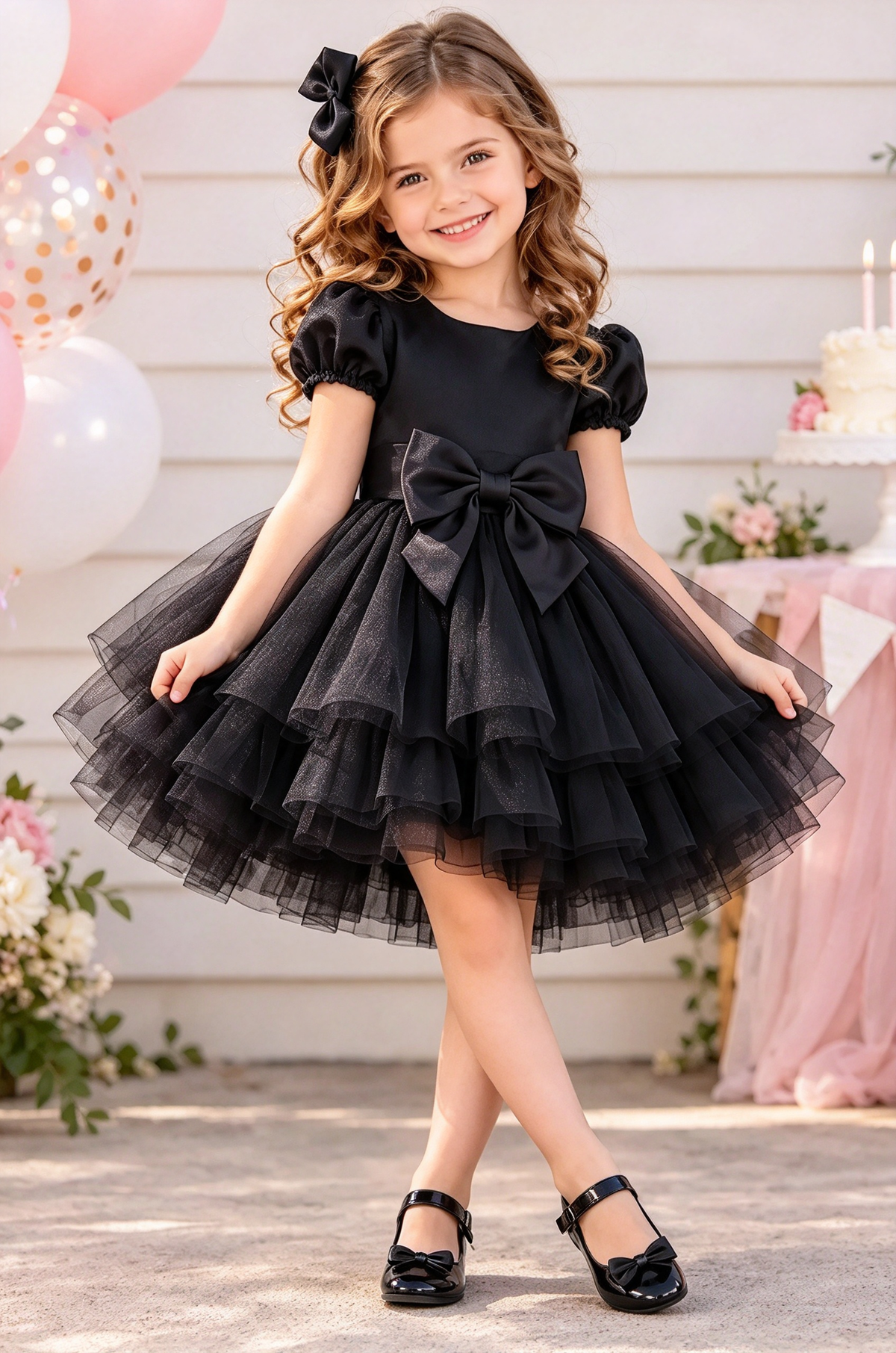 Pink Satin Puff Sleeve Tulle Big Bow Princess A-line Dress