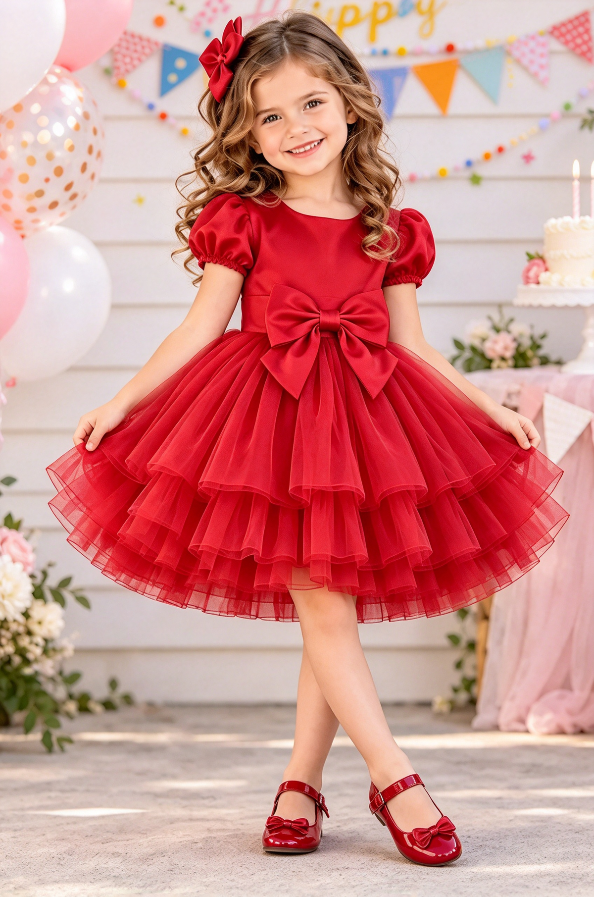 Pink Satin Puff Sleeve Tulle Big Bow Princess A-line Dress