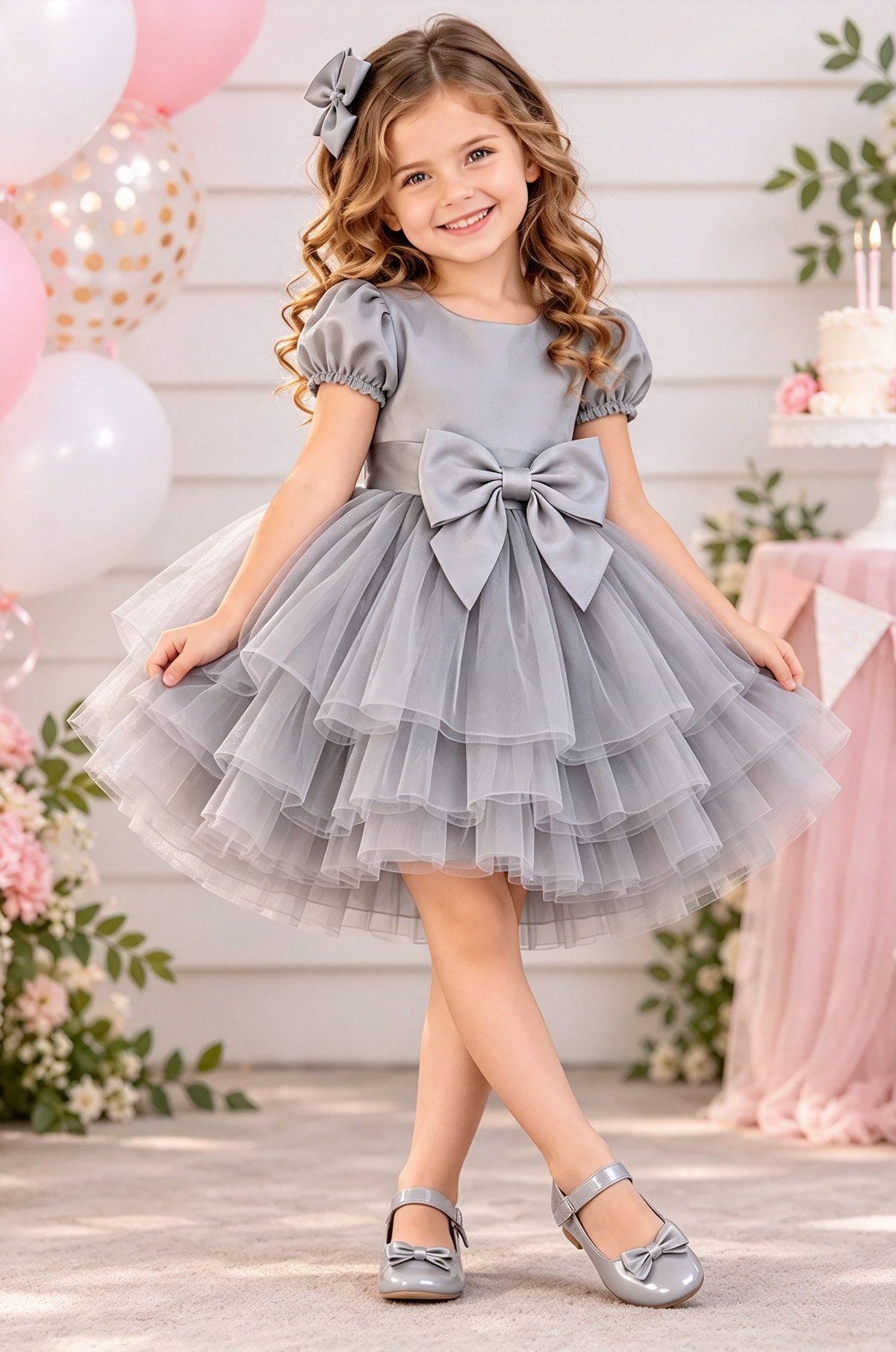 Pink Satin Puff Sleeve Tulle Big Bow Princess A-line Dress