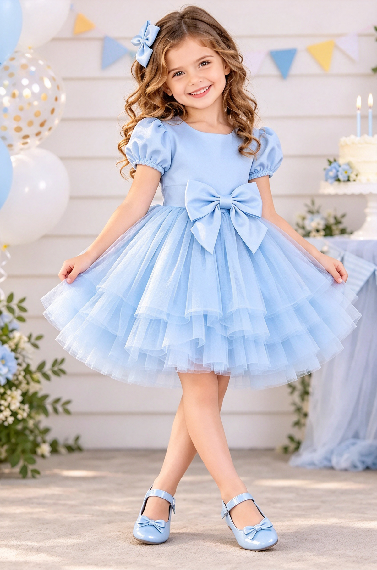 Pink Satin Puff Sleeve Tulle Big Bow Princess A-line Dress