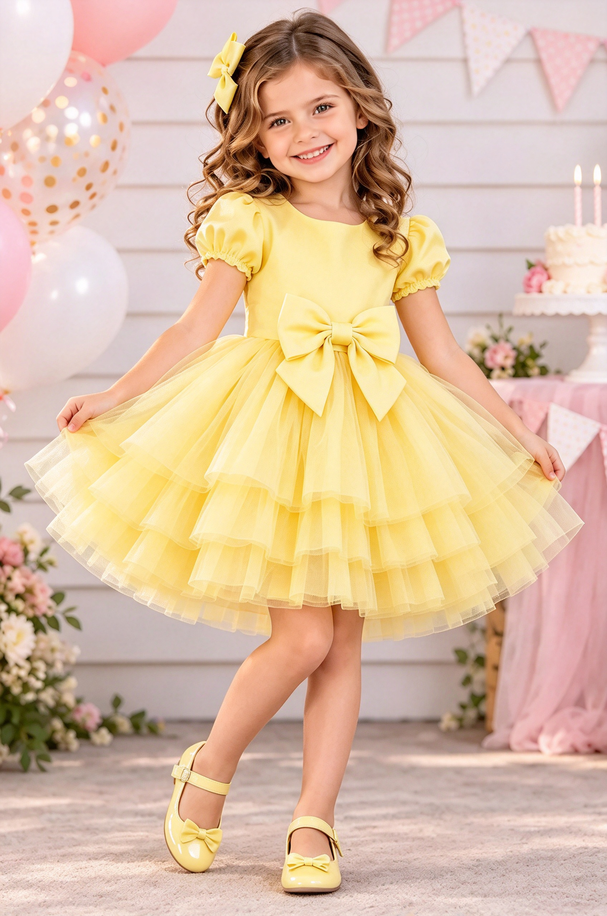 Pink Satin Puff Sleeve Tulle Big Bow Princess A-line Dress