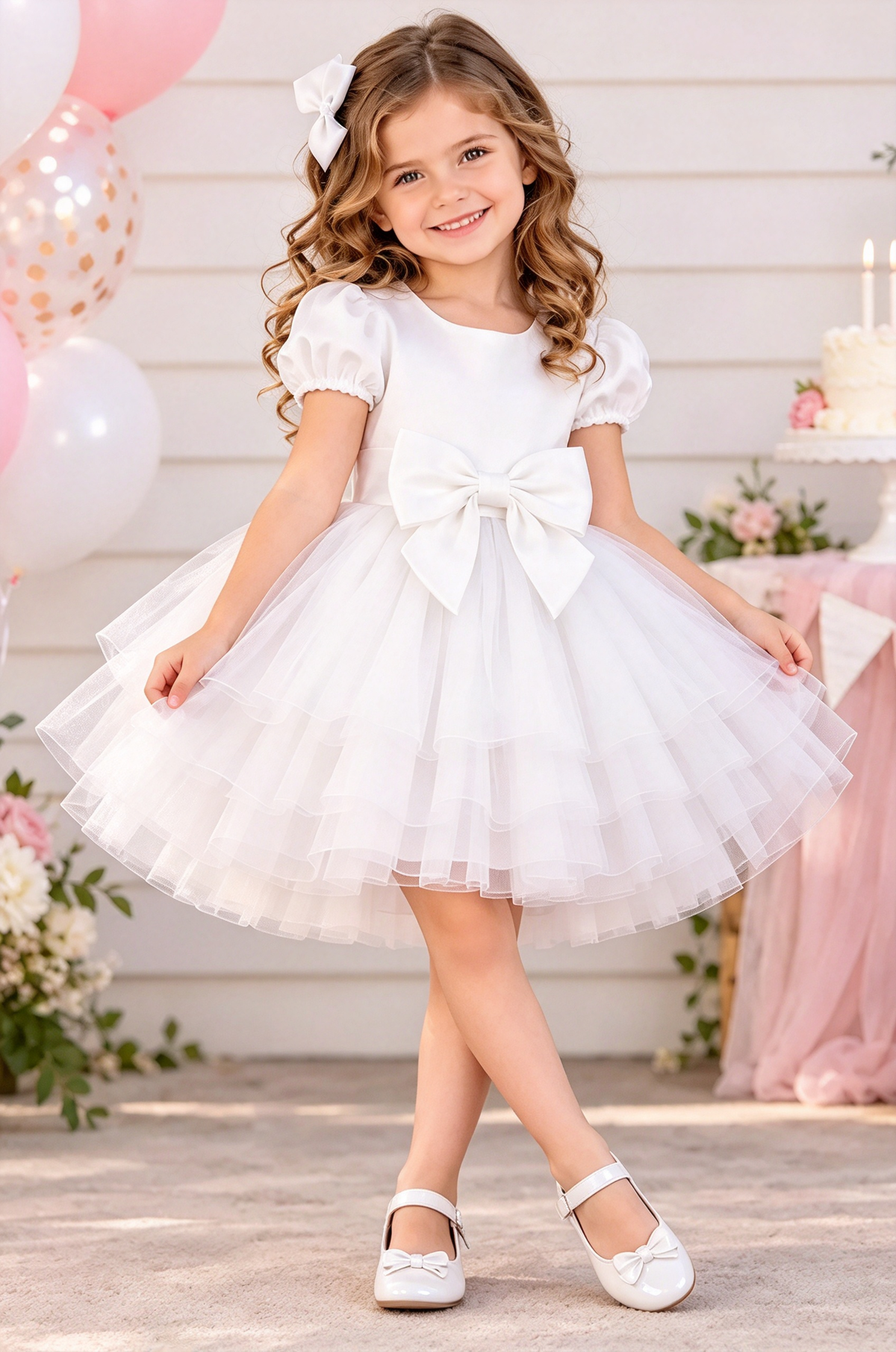 Pink Satin Puff Sleeve Tulle Big Bow Princess A-line Dress