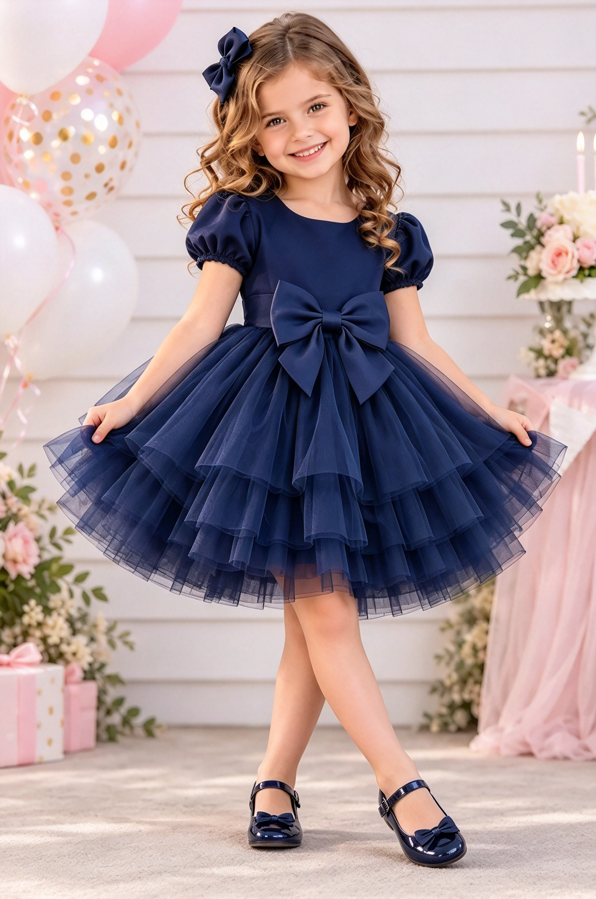 Pink Satin Puff Sleeve Tulle Big Bow Princess A-line Dress