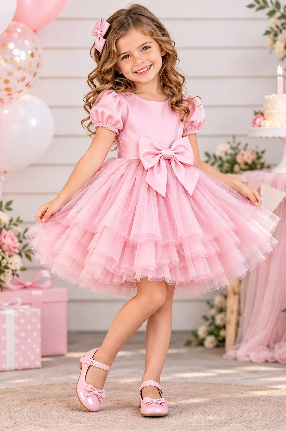 Pink Satin Puff Sleeve Tulle Big Bow Princess A-line Dress