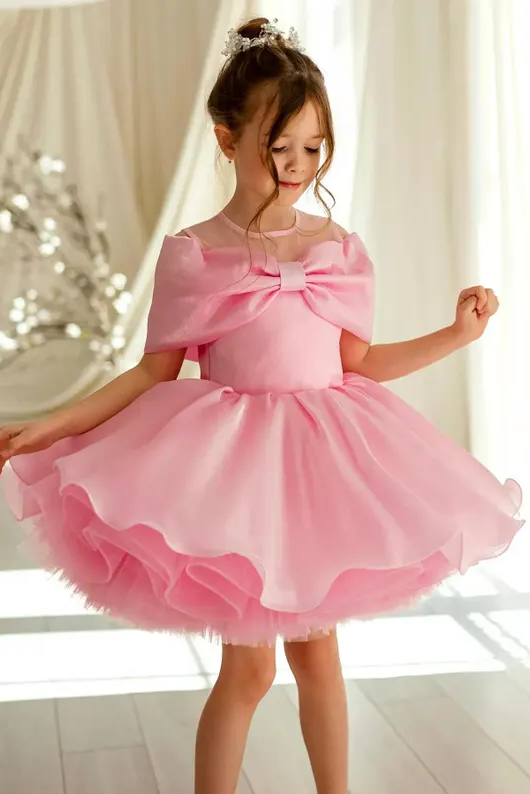 Pink Off Shoulder Organza Bow Ruffled Princess Dress