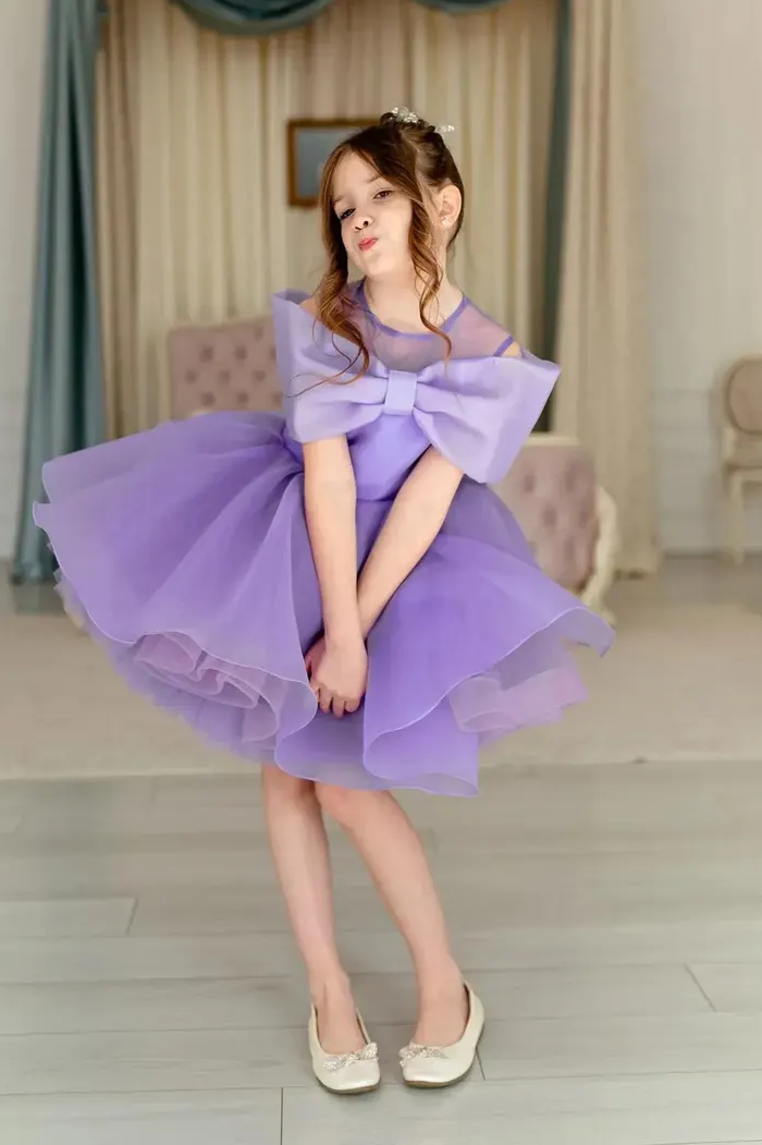 Pink Off Shoulder Organza Bow Ruffled Princess Dress