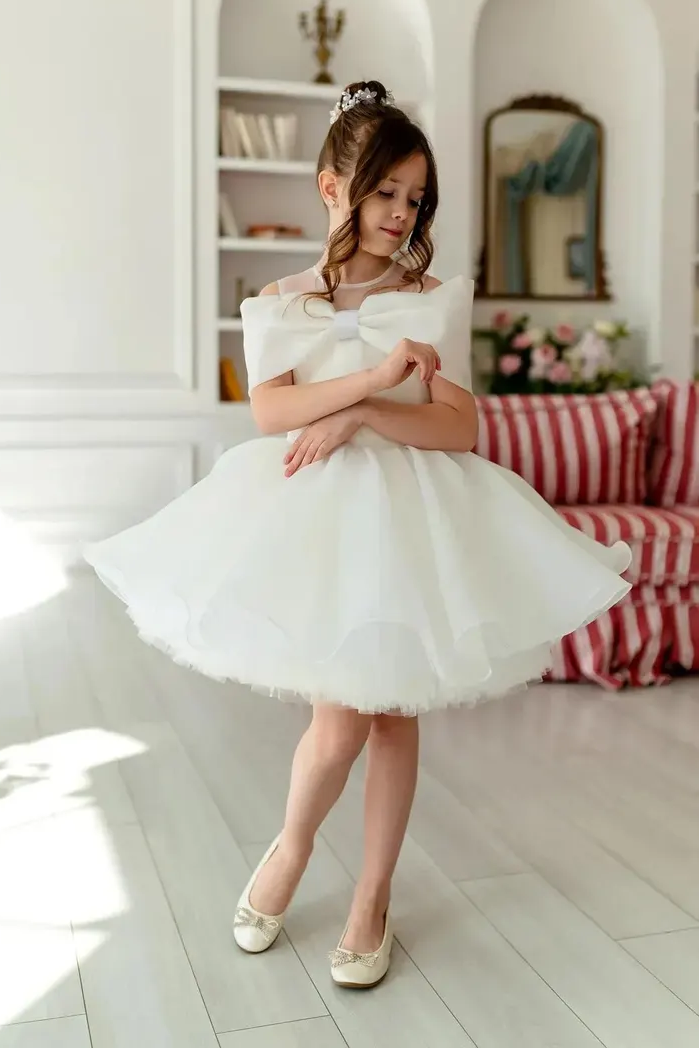 Pink Off Shoulder Organza Bow Ruffled Princess Dress