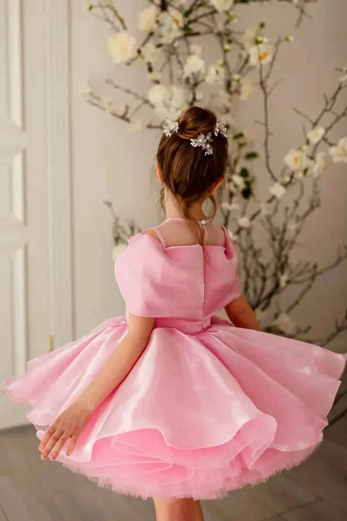 Pink Off Shoulder Organza Bow Ruffled Princess Dress