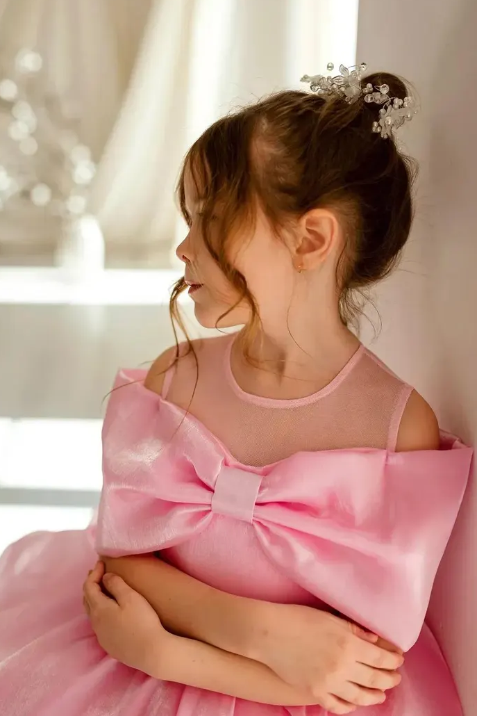 Pink Off Shoulder Organza Bow Ruffled Princess Dress