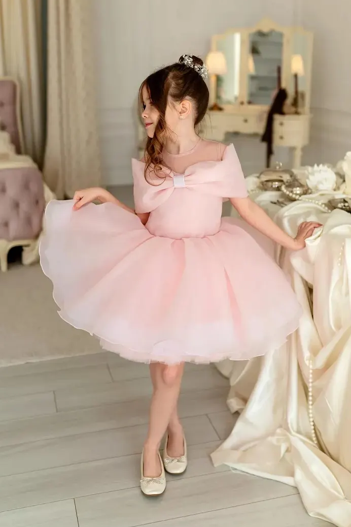 Pink Off Shoulder Organza Bow Ruffled Princess Dress