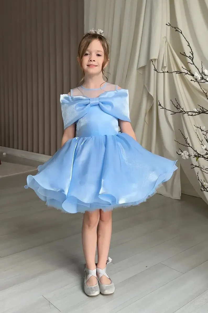 Pink Off Shoulder Organza Bow Ruffled Princess Dress