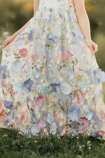 White Spaghetti Strap 3D Floral Tulle Maxi Dress